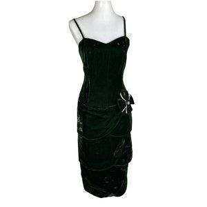 PANTAGIS Vintage Green Velour Strappy Tiered Whimsigoth Stretch Coquette